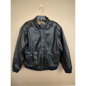Roundtree & Yorke Mens Black Leather Bomber Jacket World Map Lining Large
